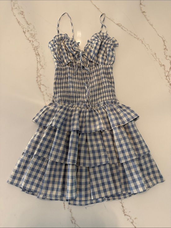 Mable Dresses & Skirts - Blue Gingham Ruffle Mini Dress with Spaghetti Straps